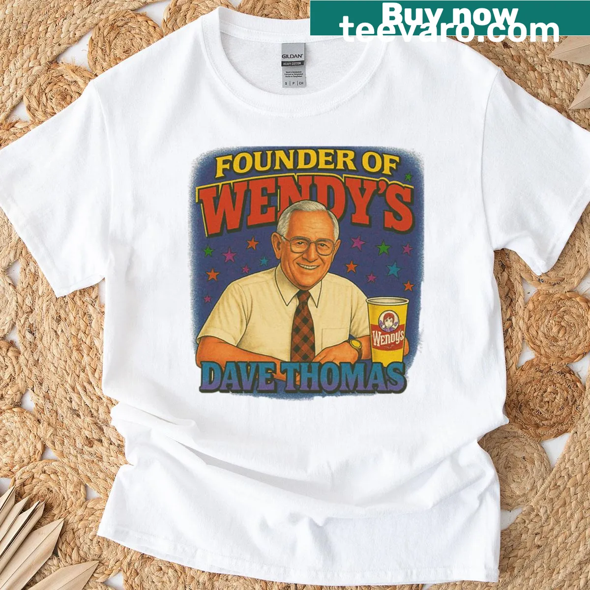 Retro art oversized T-shirt honoring Dave Thomas and Wendy's — on a men's t-shirt