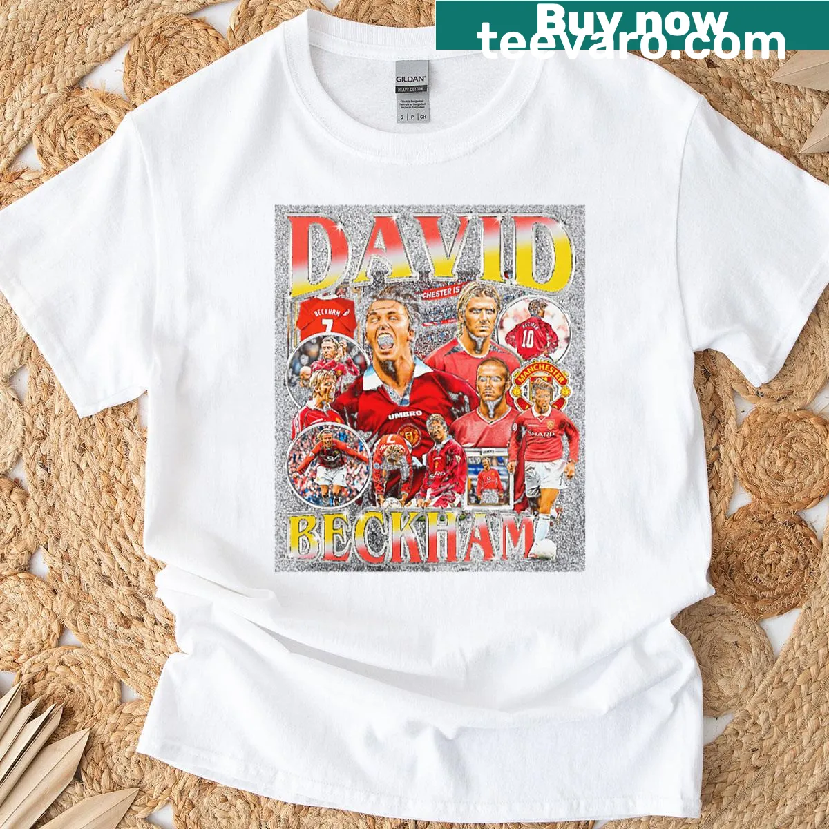 David Beckham retro T-shirt featuring bootleg graphic — on a men's t-shirt