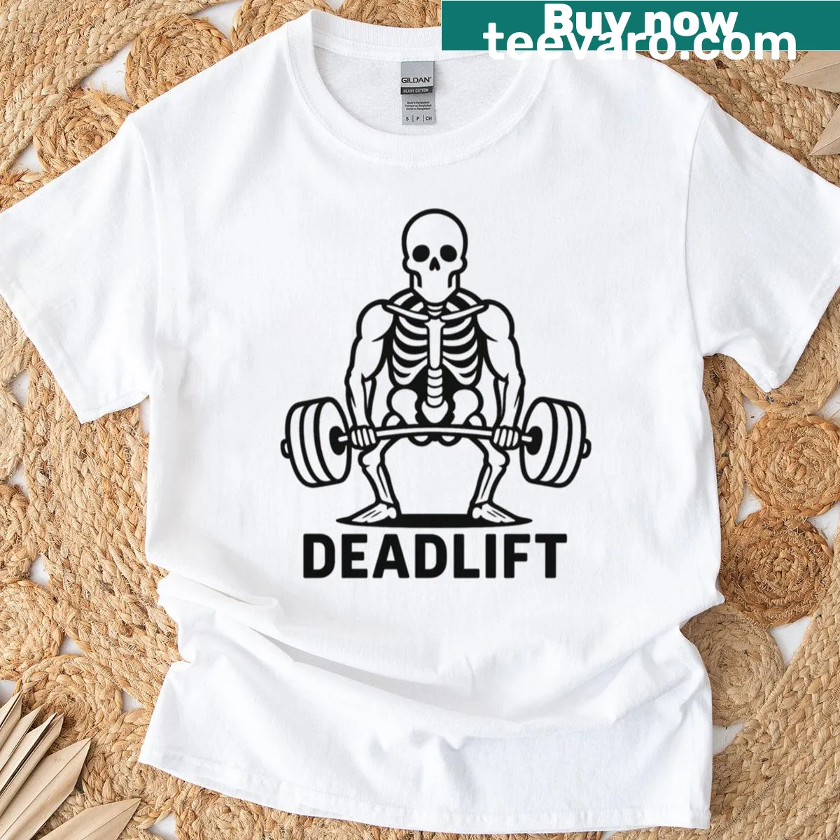 Funny skeleton deadlifting graphic on a T-shirt — on a men's t-shirt
