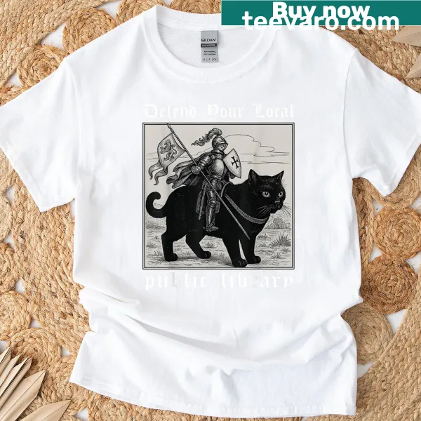 Funny knight cat illustration defending a public library