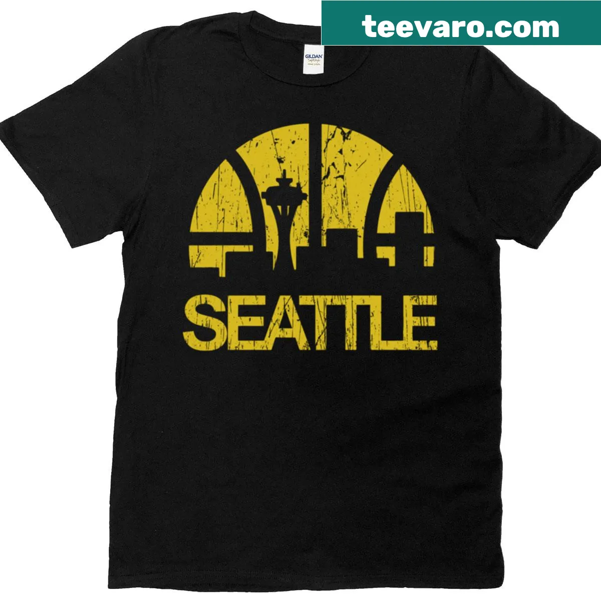 Artistic T-shirt featuring the Seattle Supersonics skyline graphic. — on a men's t-shirt