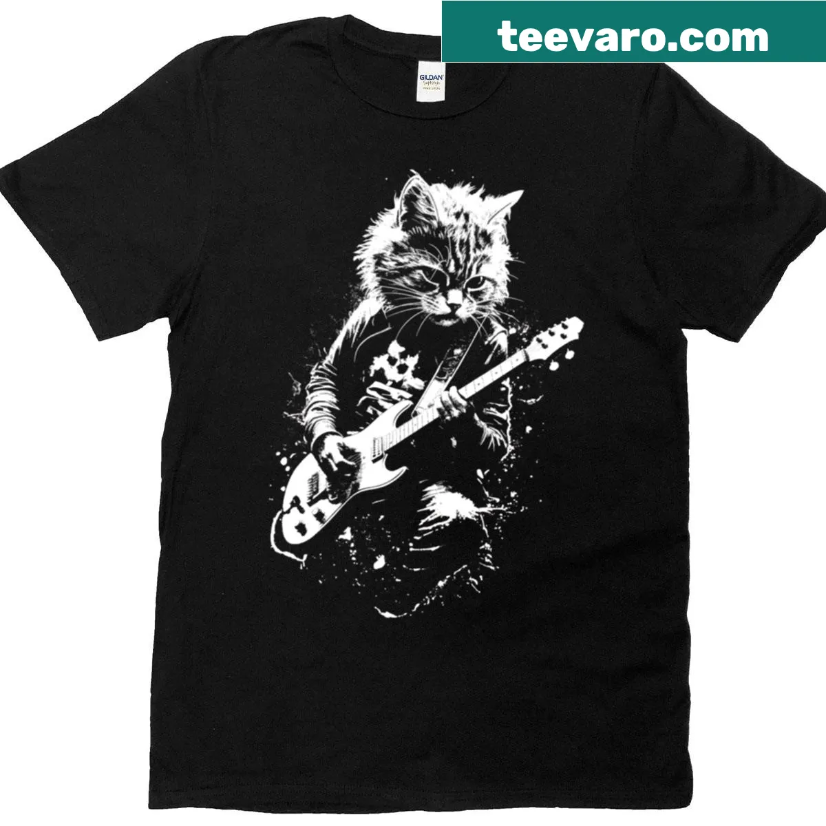 Distressed graphic of a cat playing guitar on T-shirt — on a men's t-shirt