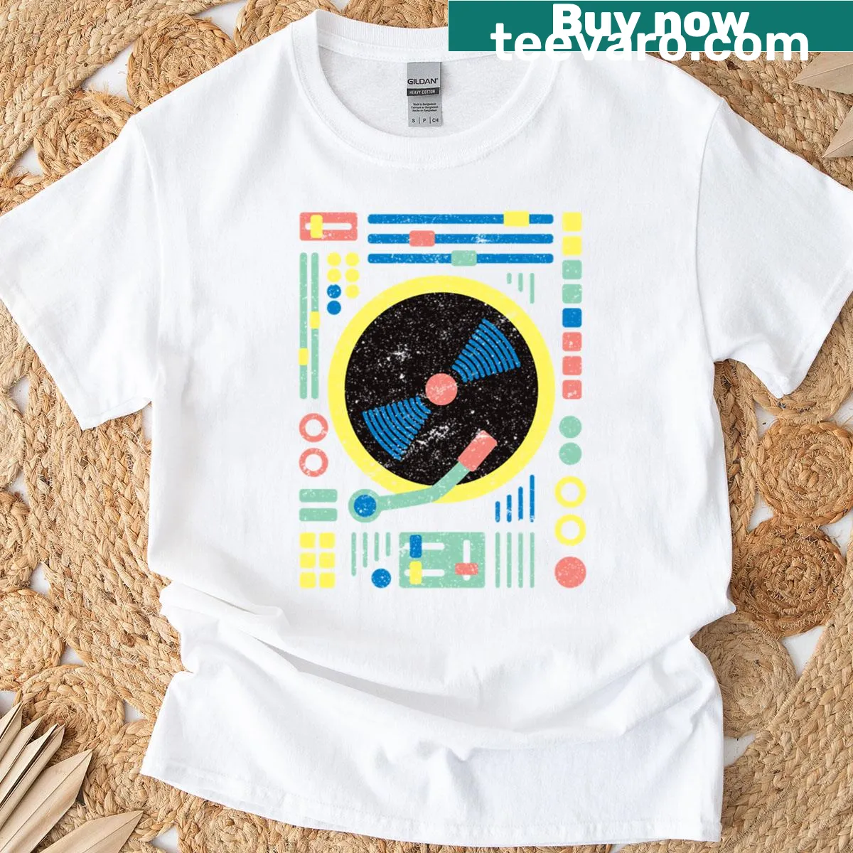 Retro DJ decks pattern t-shirt featuring vintage vinyl records — on a men's t-shirt
