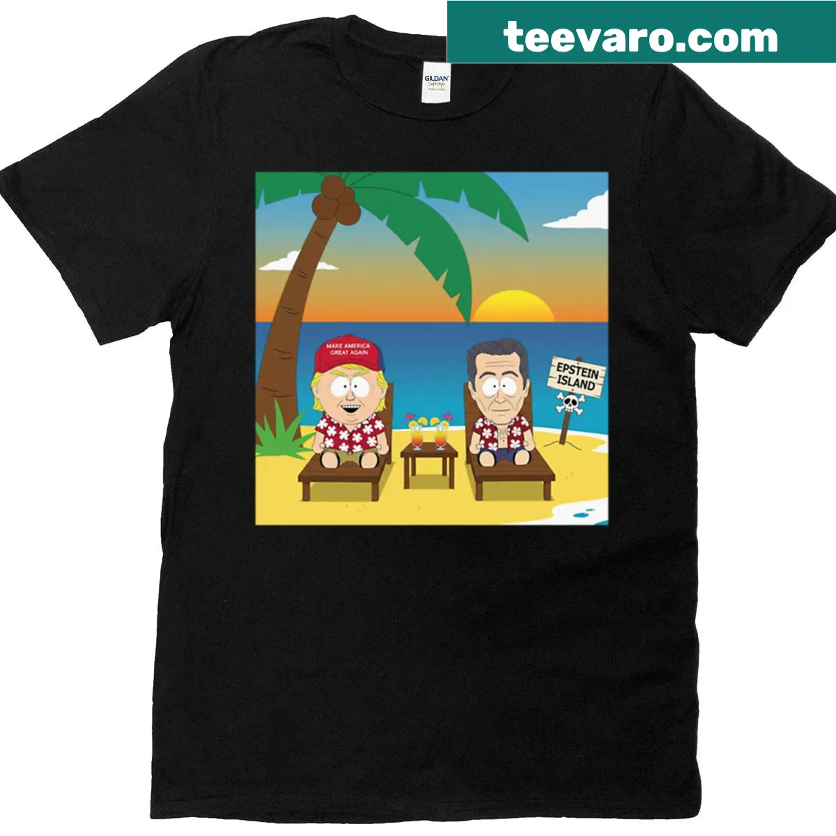Cartoon T-shirt featuring Trump with Jeffrey Epstein — on a men's t-shirt