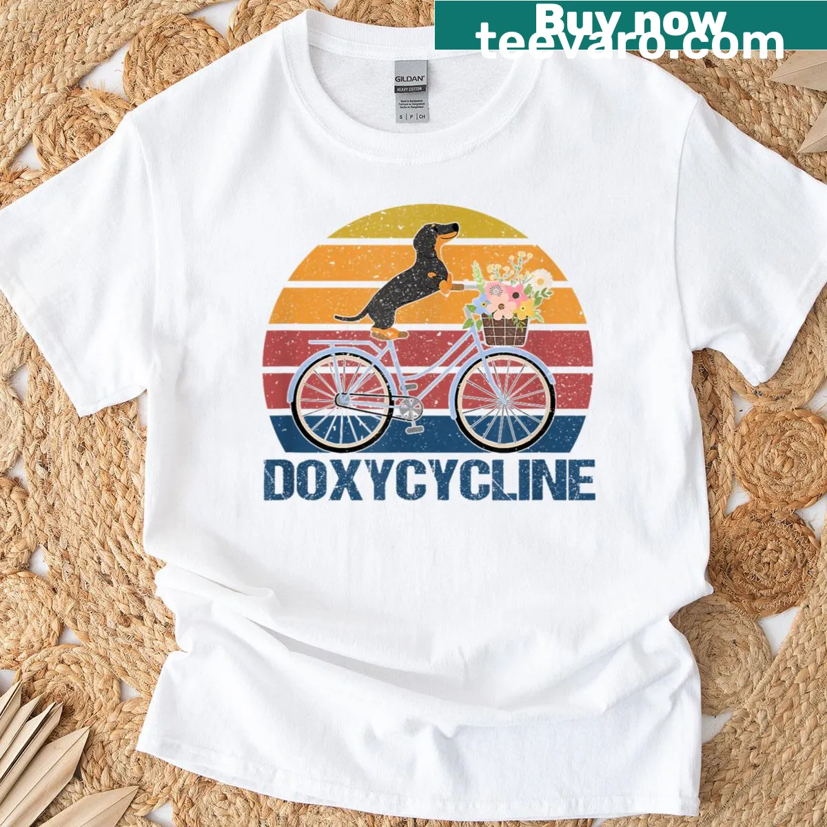 Dachshund on a bicycle with playful text in vintage style — on a men's t-shirt
