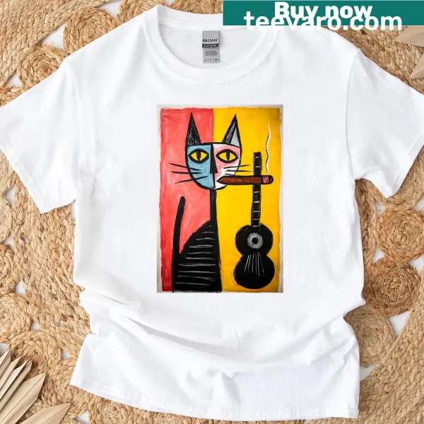 Edgy oversized T-shirt featuring a stylized cat with a cigar and guitar
