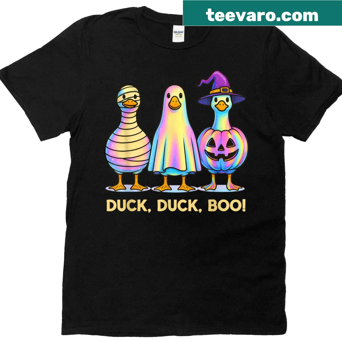 Funny Halloween t-shirt with whimsical Duck Duck Boo design — on a men's t-shirt