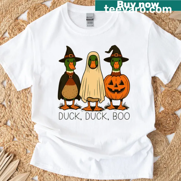 Cartoon Halloween shirt with 'Duck Duck Boo' and a ghost in a witch hat