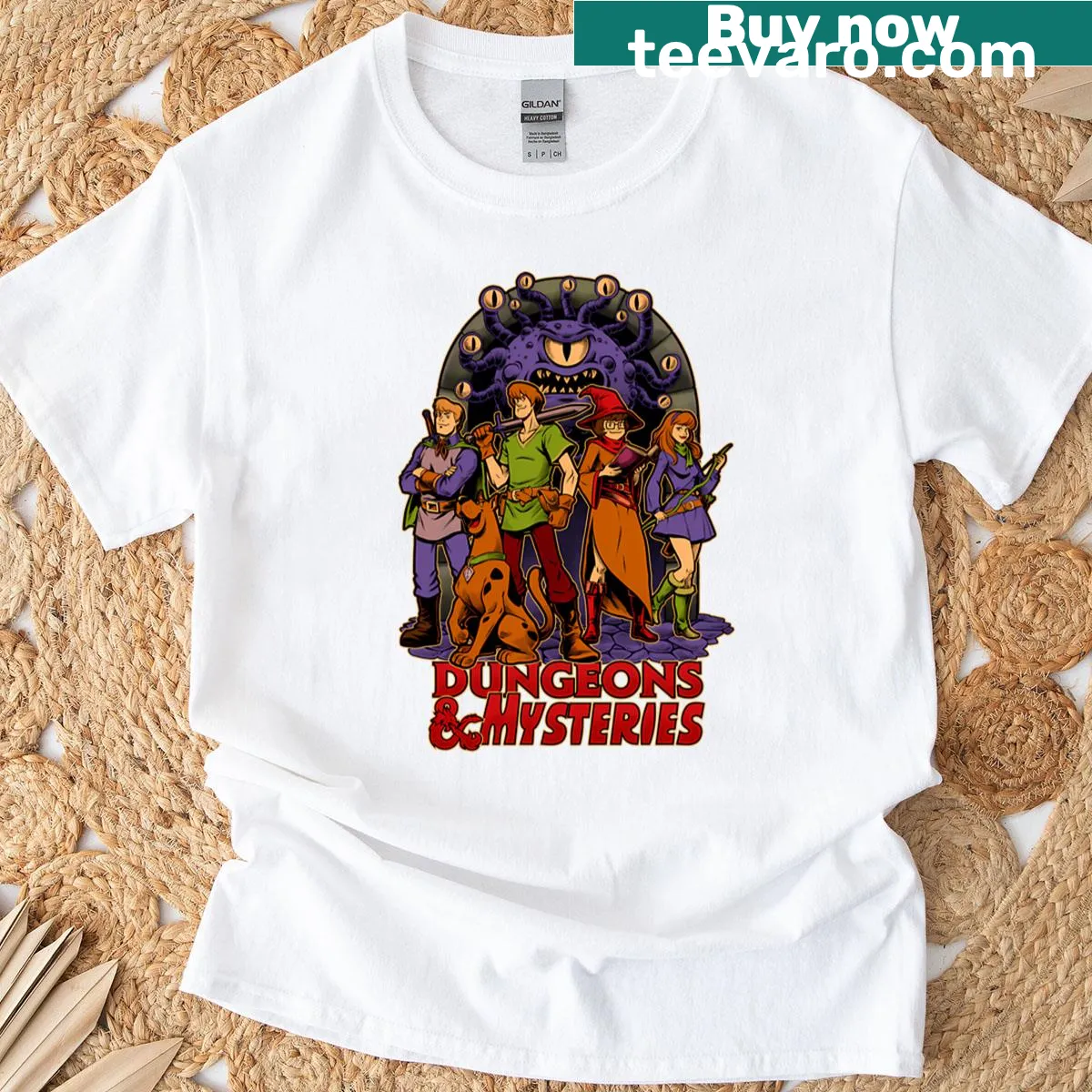 Cartoon dog in RPG scenario on vintage-style T-shirt — on a men's t-shirt