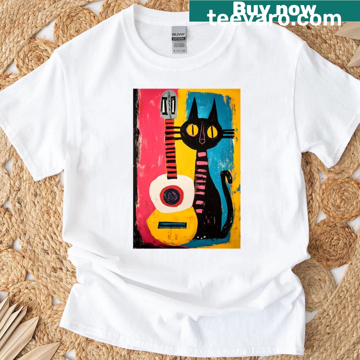 Stylized black cat with guitar graphic on T-shirt — on a men's t-shirt