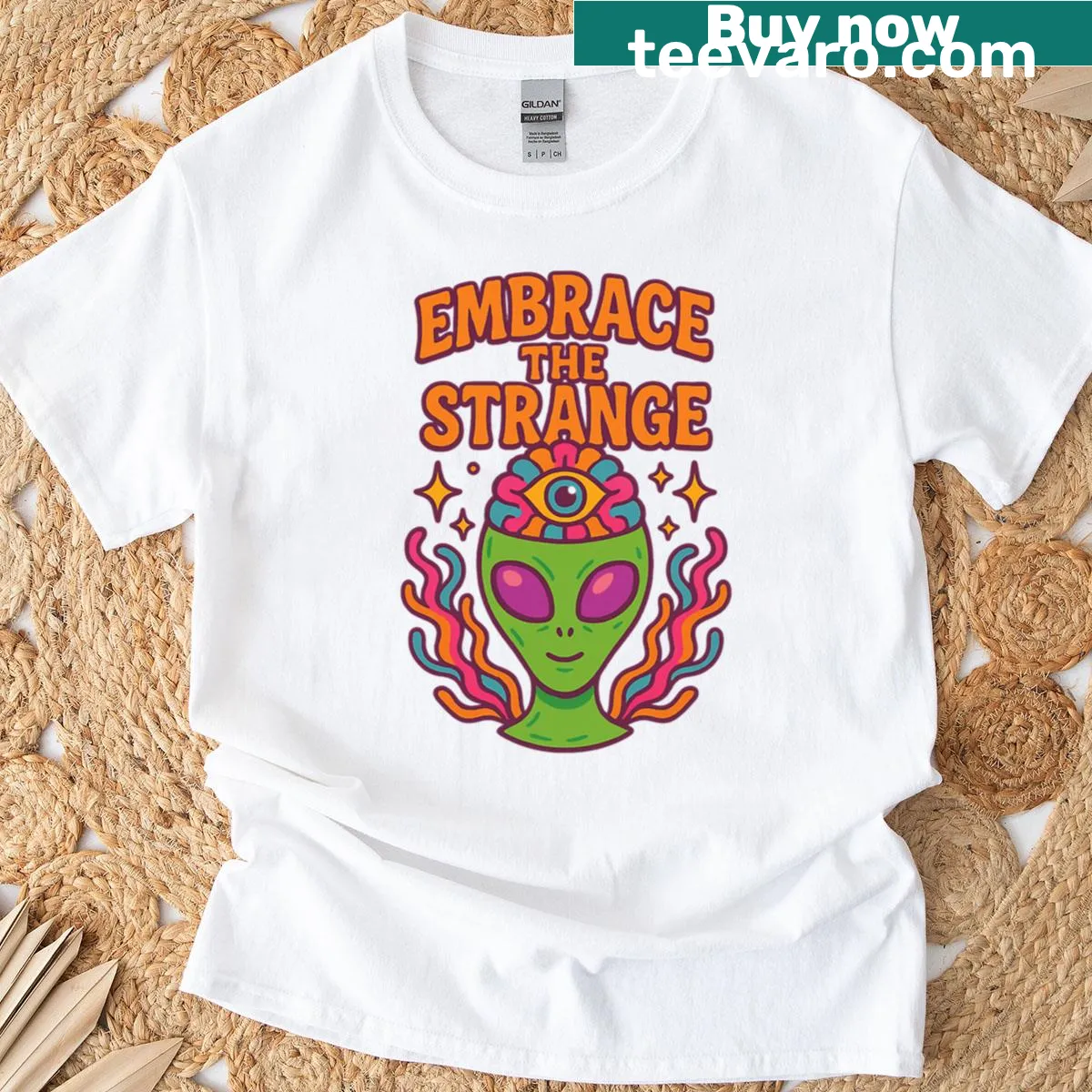 Psychedelic alien art with an inspirational quote on a T-shirt — on a men's t-shirt