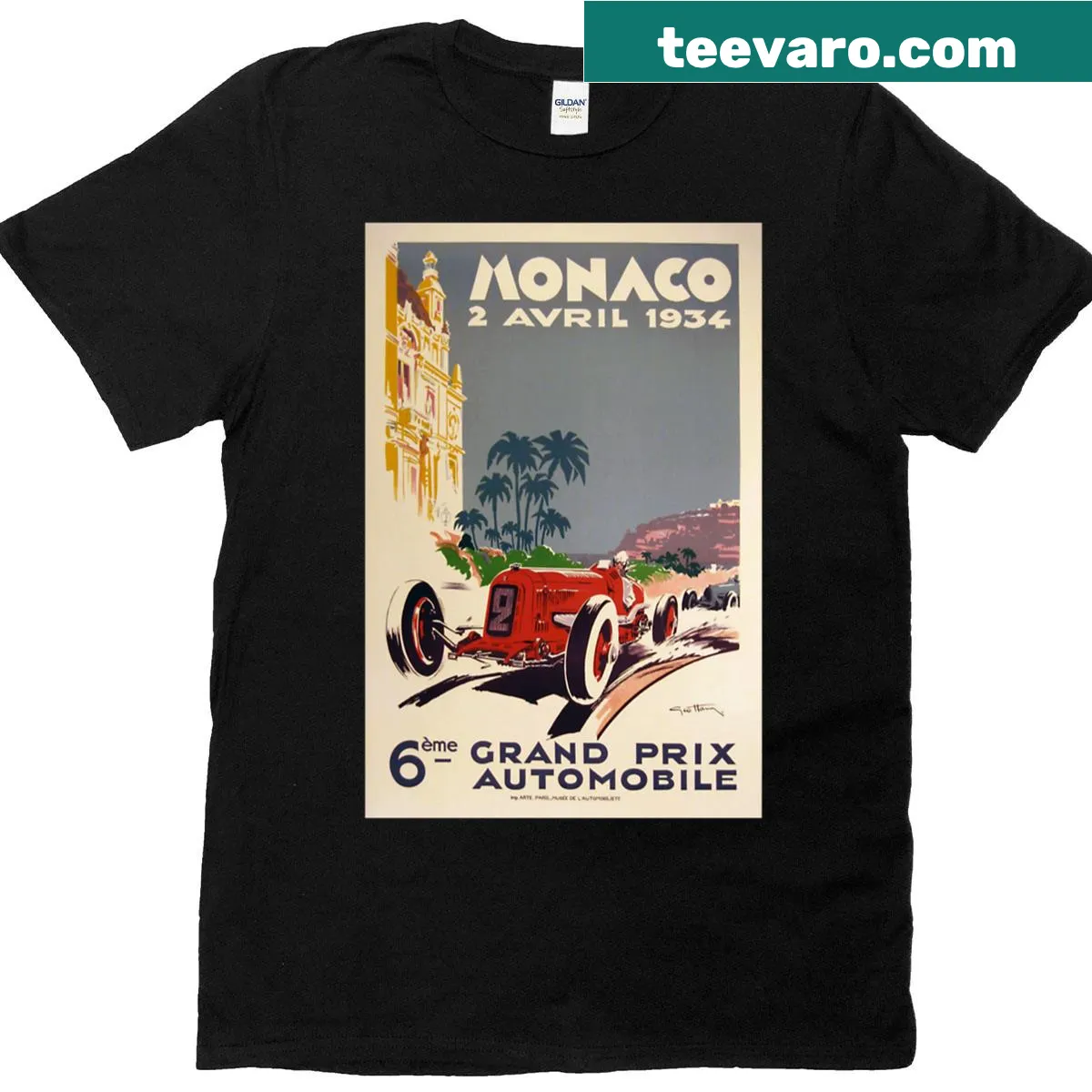 Vintage-style F1 racing poster graphic T-shirt. — on a men's t-shirt