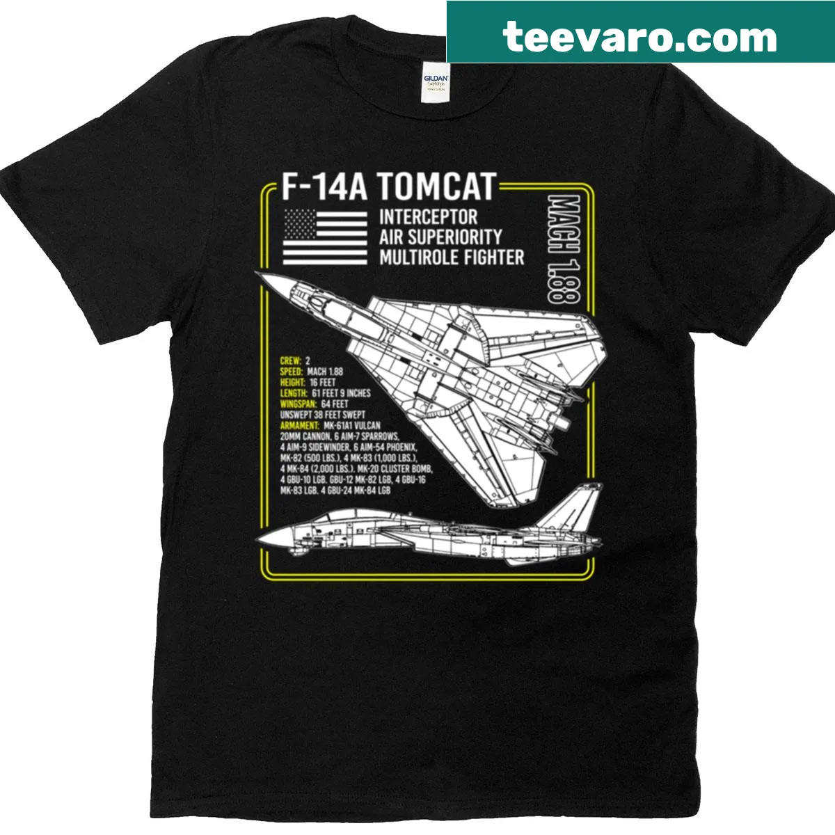F-14 Tomcat aircraft blueprint graphic T-shirt — on a men's t-shirt
