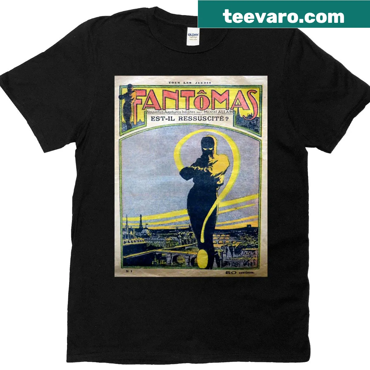 Vintage pulp book cover graphic on T-shirt — on a men's t-shirt