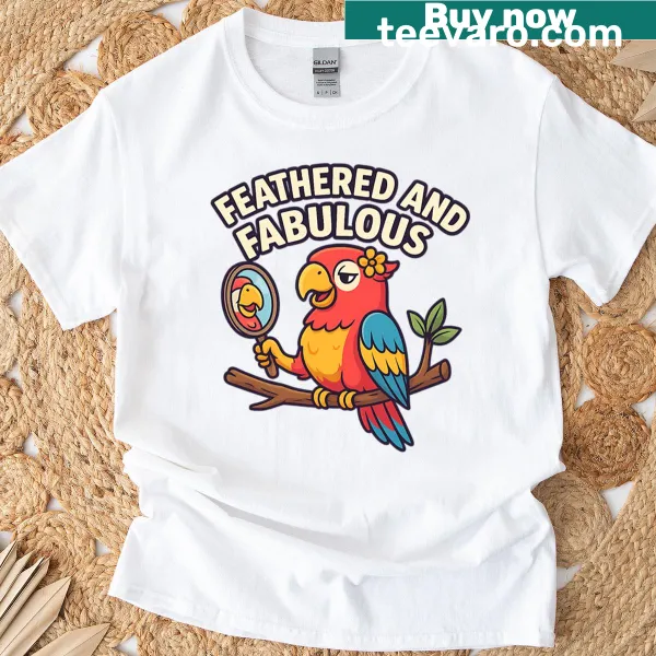 Illustration of a confident parrot in front of a mirror on T-shirt