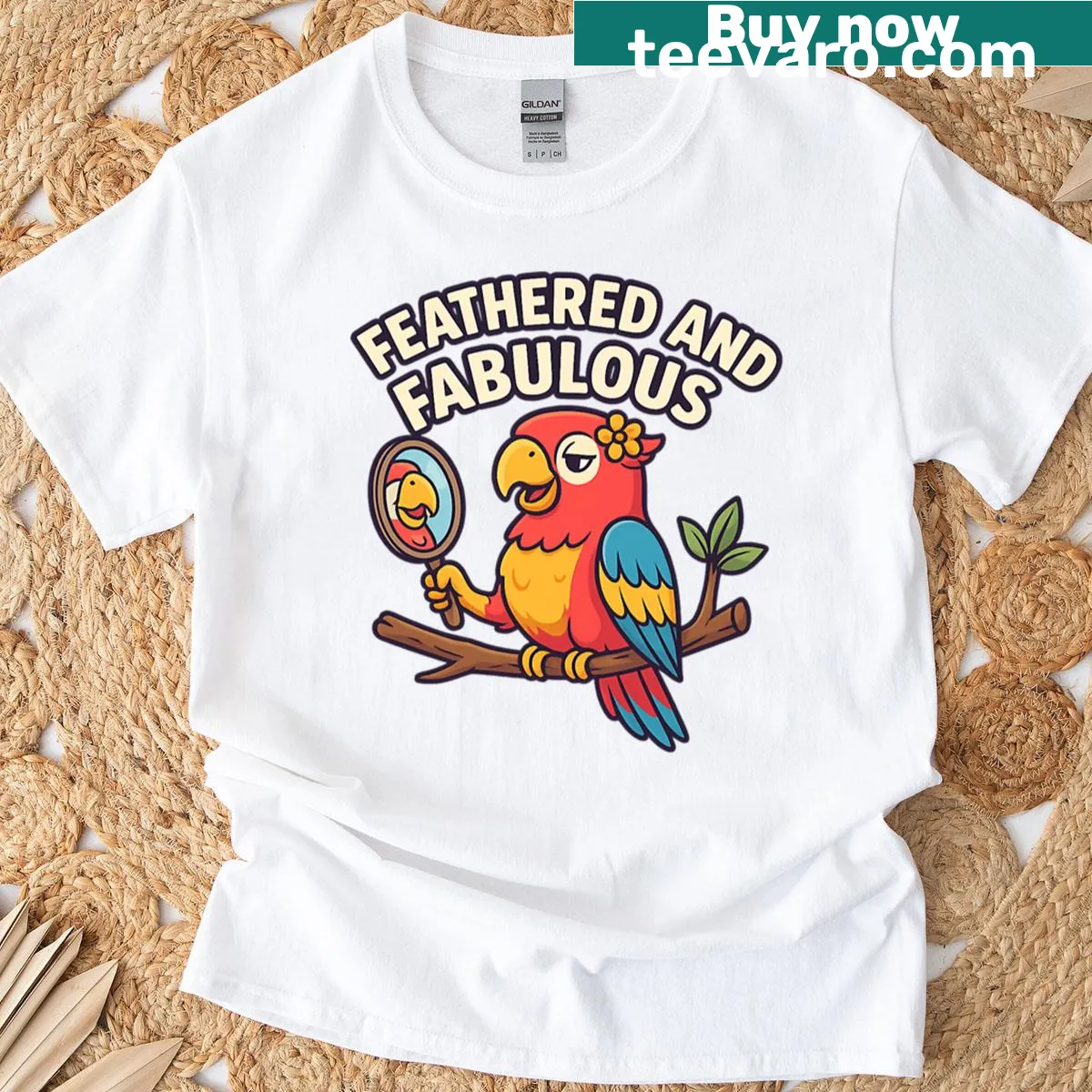 Illustration of a confident parrot in front of a mirror on T-shirt — on a men's t-shirt