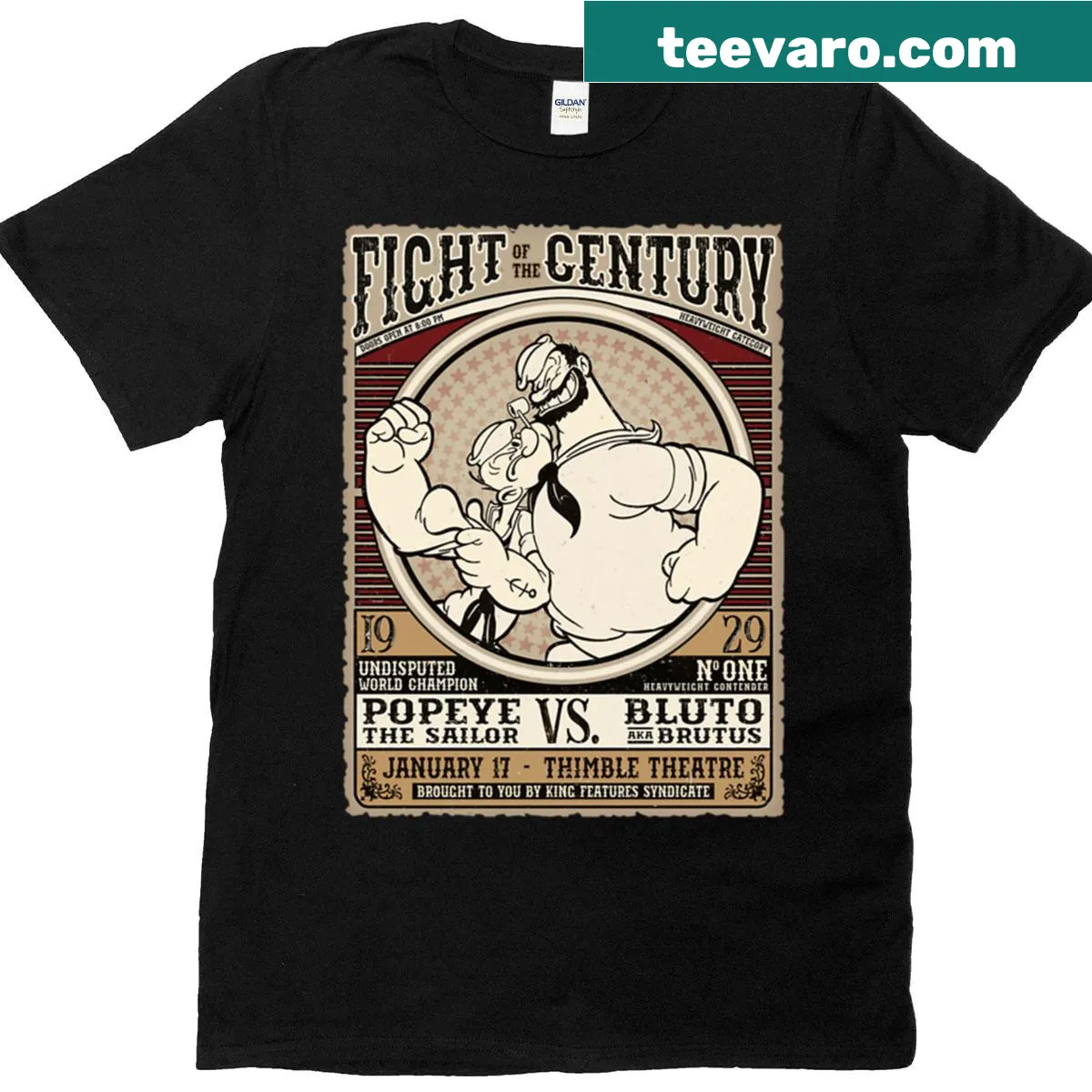 Cartoon Fight Of The Century t-shirt featuring Popeye and Bluto — on a men's t-shirt