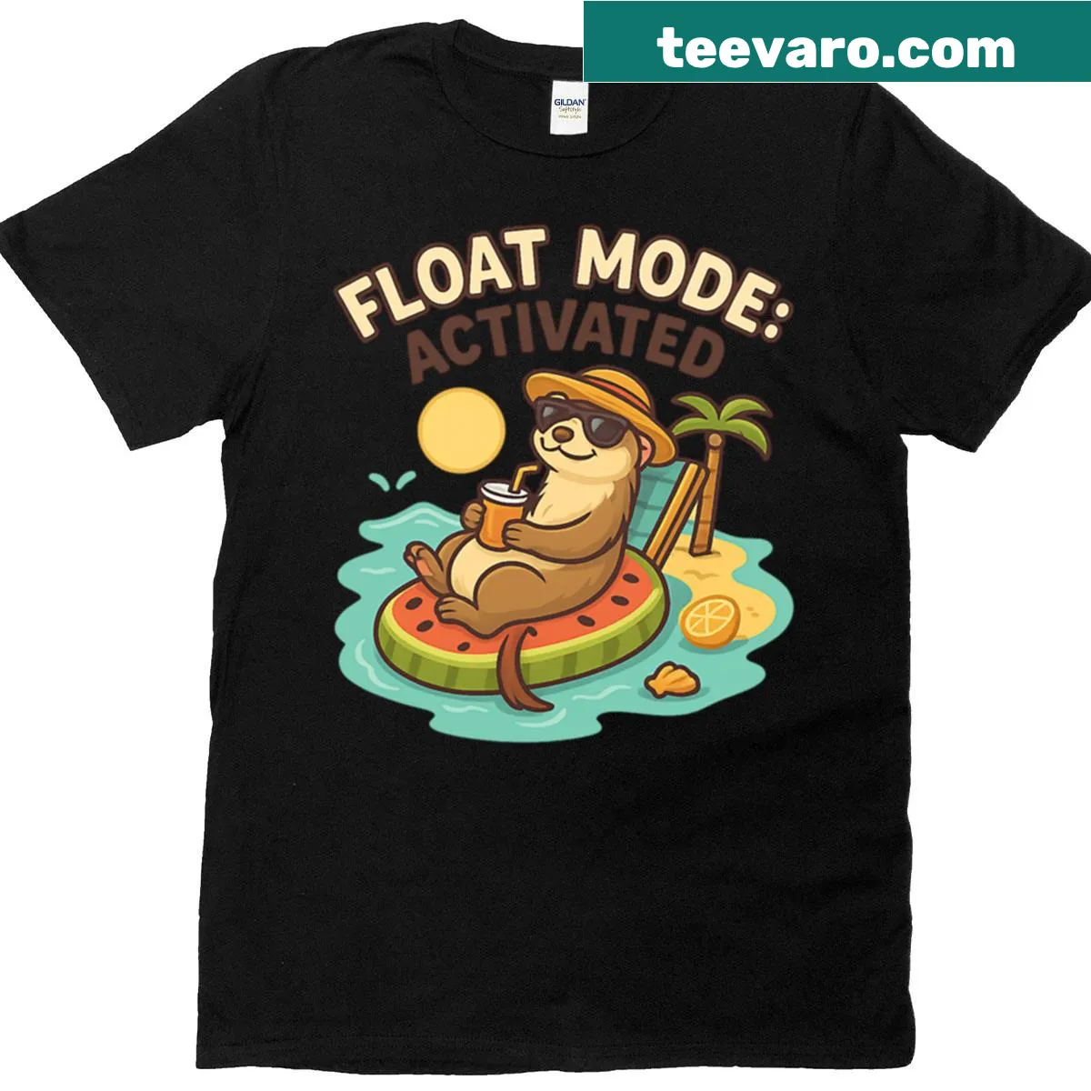 Cartoon otter on a watermelon float T-shirt design — on a men's t-shirt
