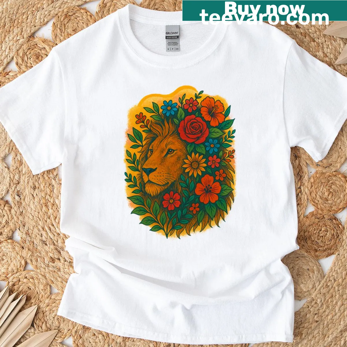 Floral lion illustration on zodiac t-shirt — on a men's t-shirt