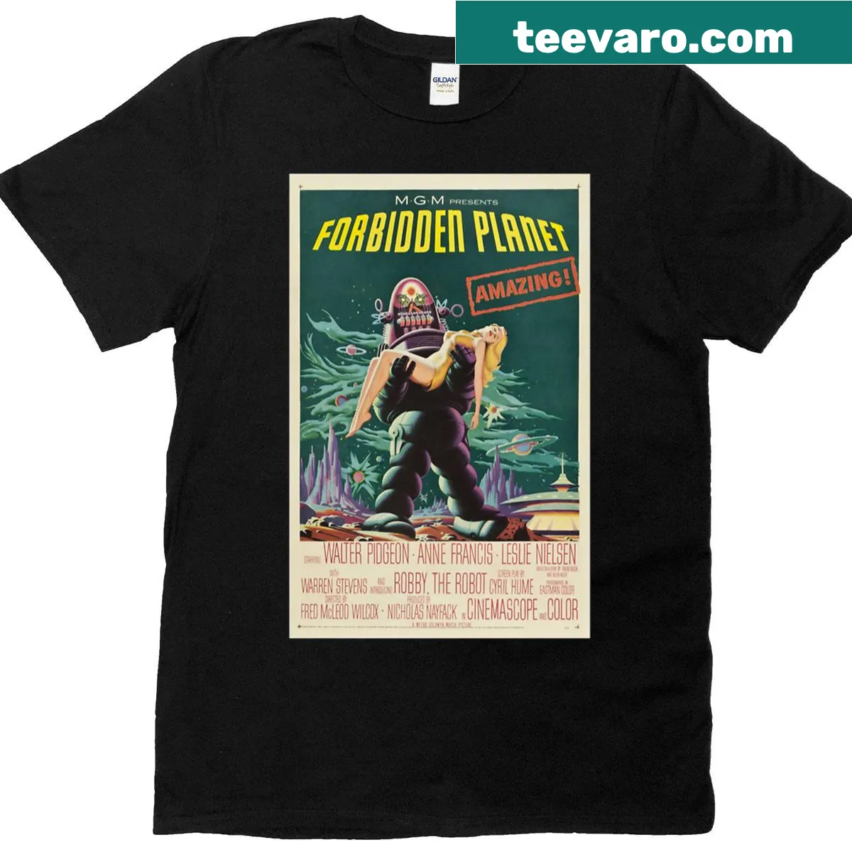 Vintage movie poster design from Forbidden Planet on T-shirt — on a men's t-shirt