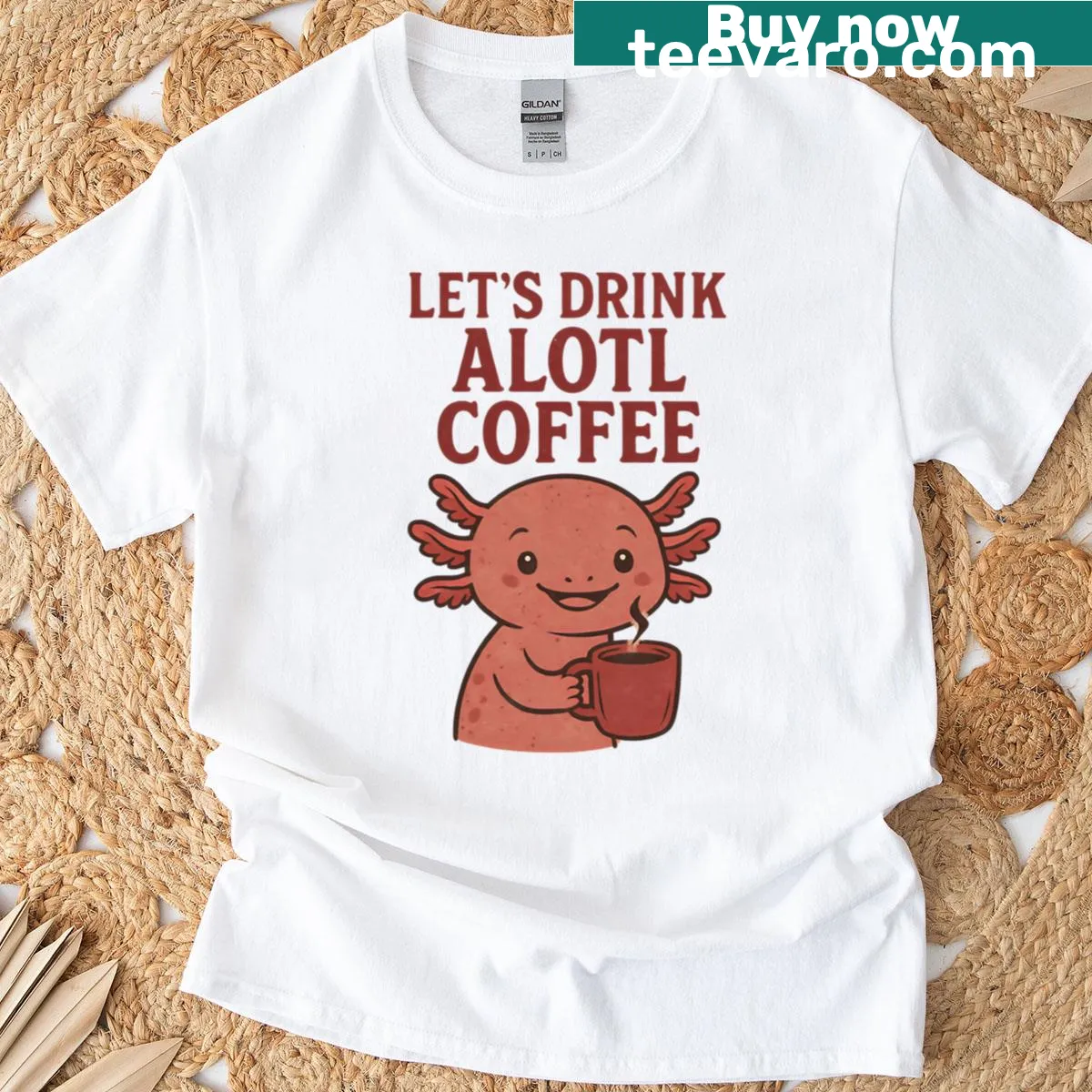 Boxy T-shirt with axolotl graphic and 'Lets Drink Alotl Coffee' text — on a men's t-shirt