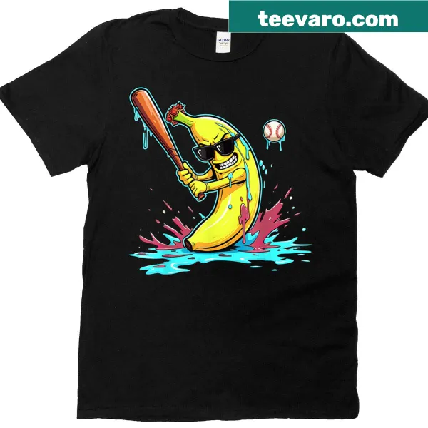 Cartoon banana swinging a baseball bat with a drip art style