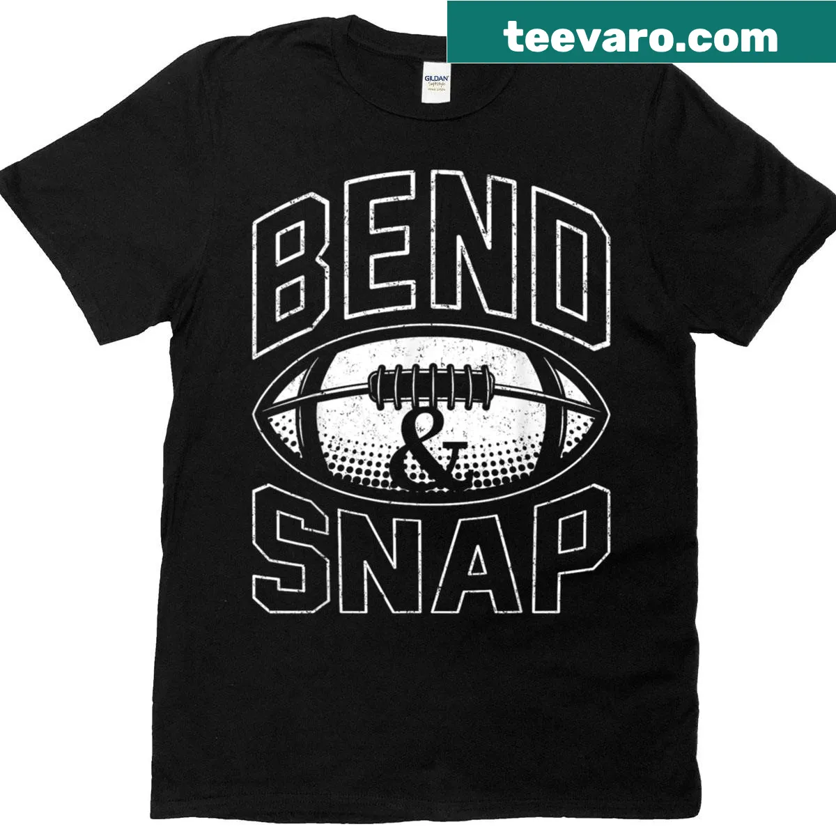 Funny football T-shirt with the phrase 'bend and snap', playful design — on a men's t-shirt