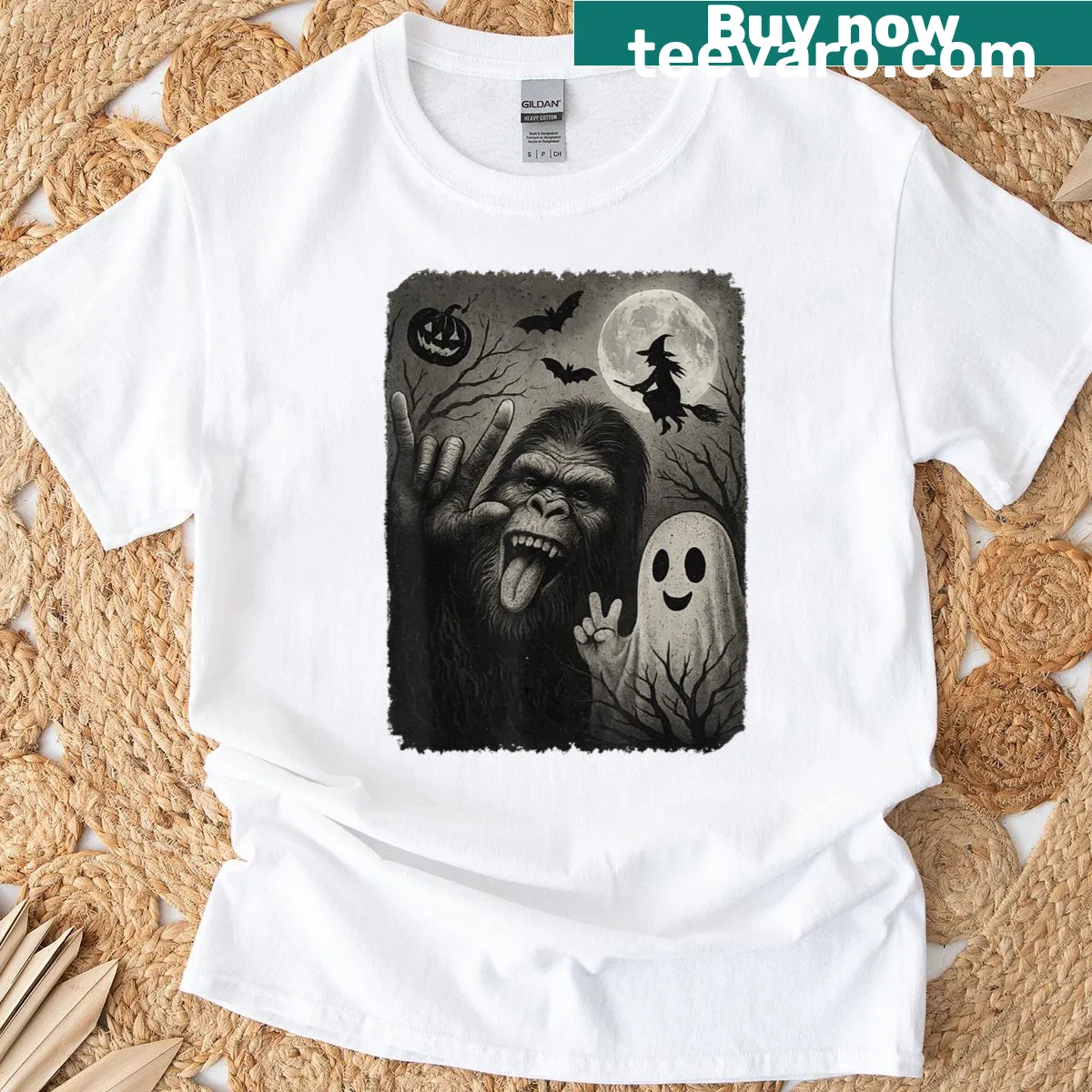 Bigfoot and ghost selfie graphic for Halloween on a t-shirt — on a men's t-shirt