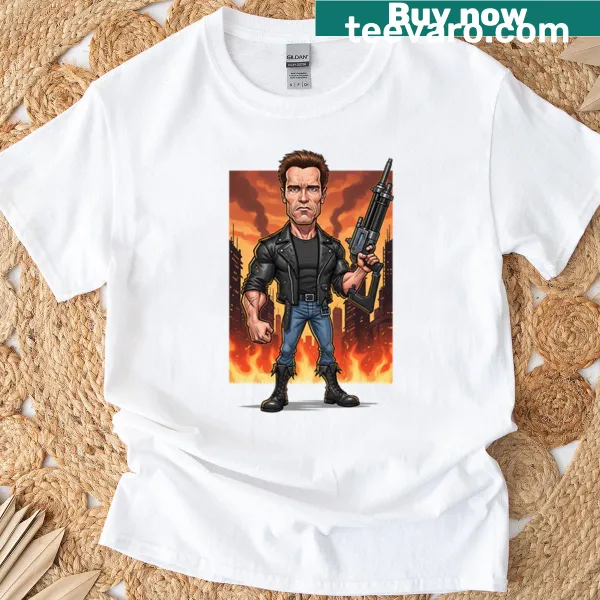 Caricature of Arnold Schwarzenegger as the Terminator on a T-shirt