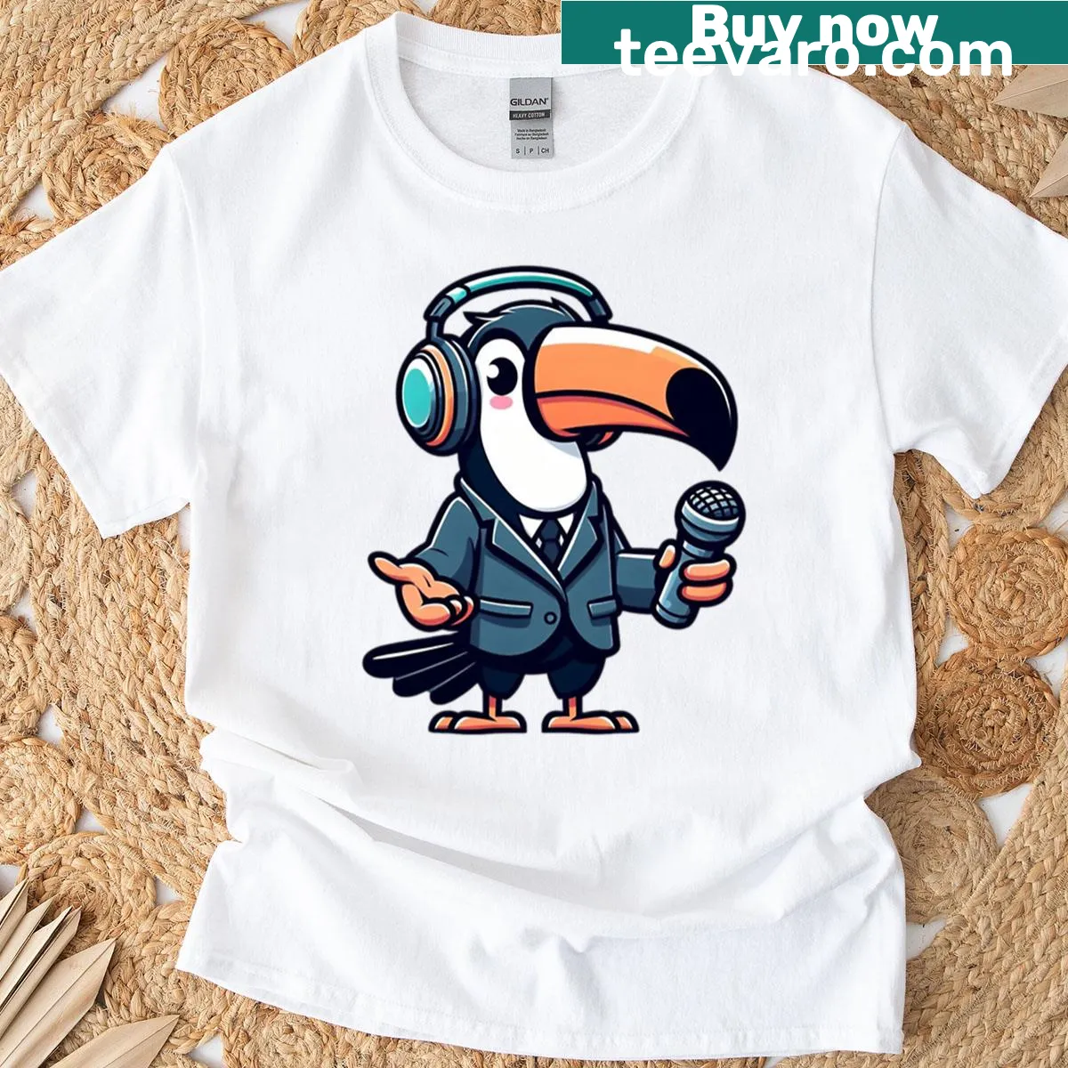 Cartoon toucan radio host in a blazer graphic on an oversized t-shirt — on a men's t-shirt