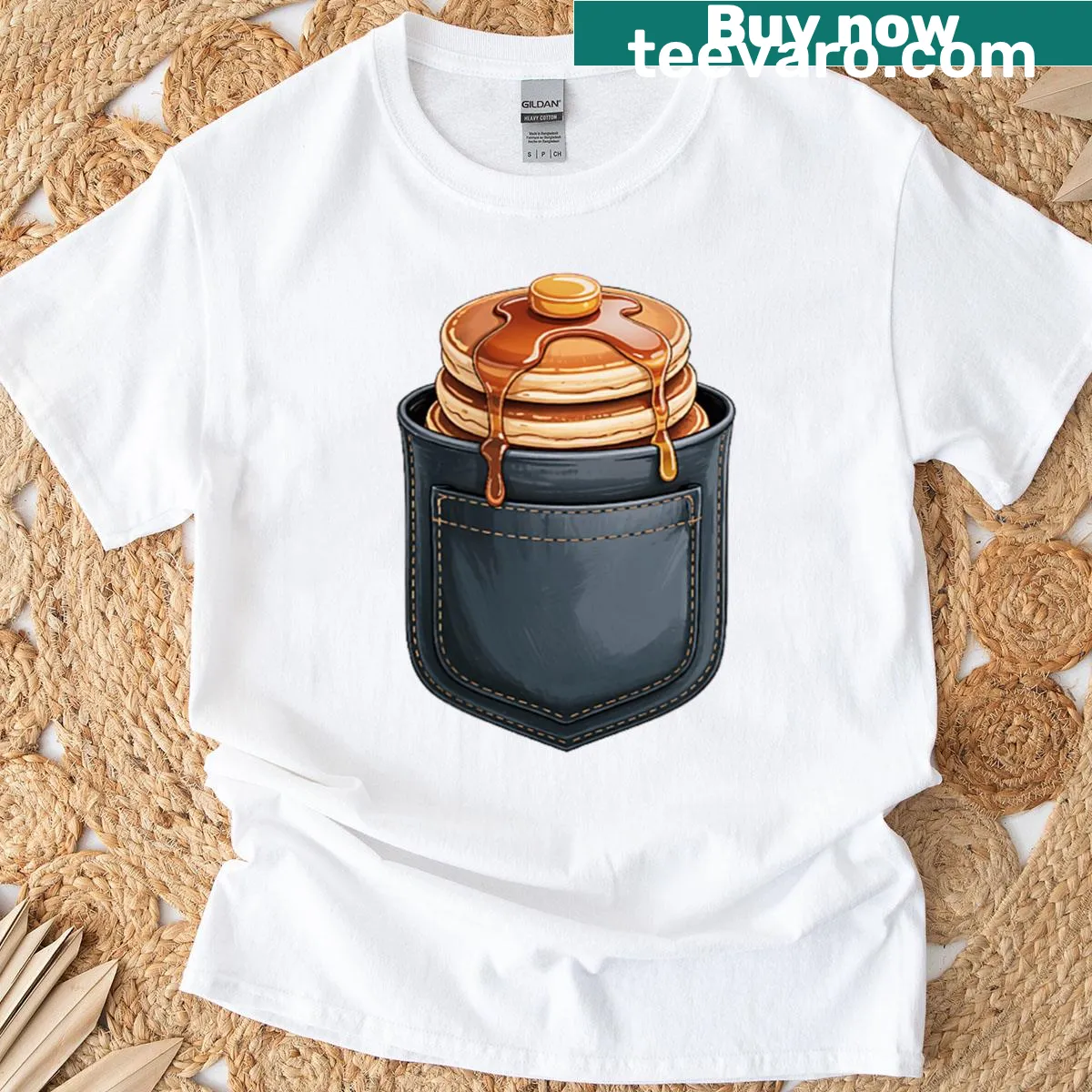 Cute pancakes peeking out of a pocket design on a t-shirt — on a men's t-shirt