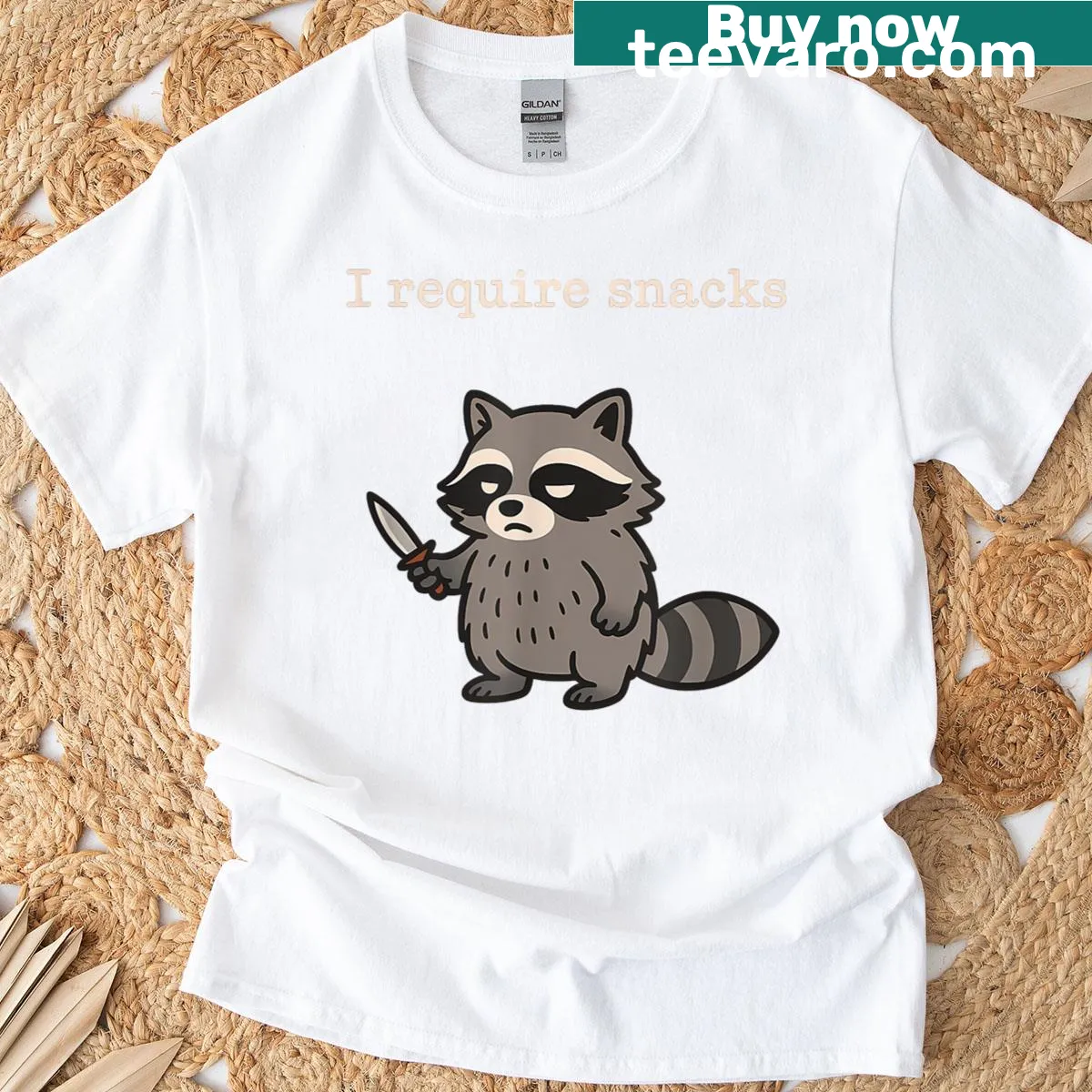 Kawaii raccoon t-shirt featuring a cute raccoon graphic and snack demand text — on a men's t-shirt