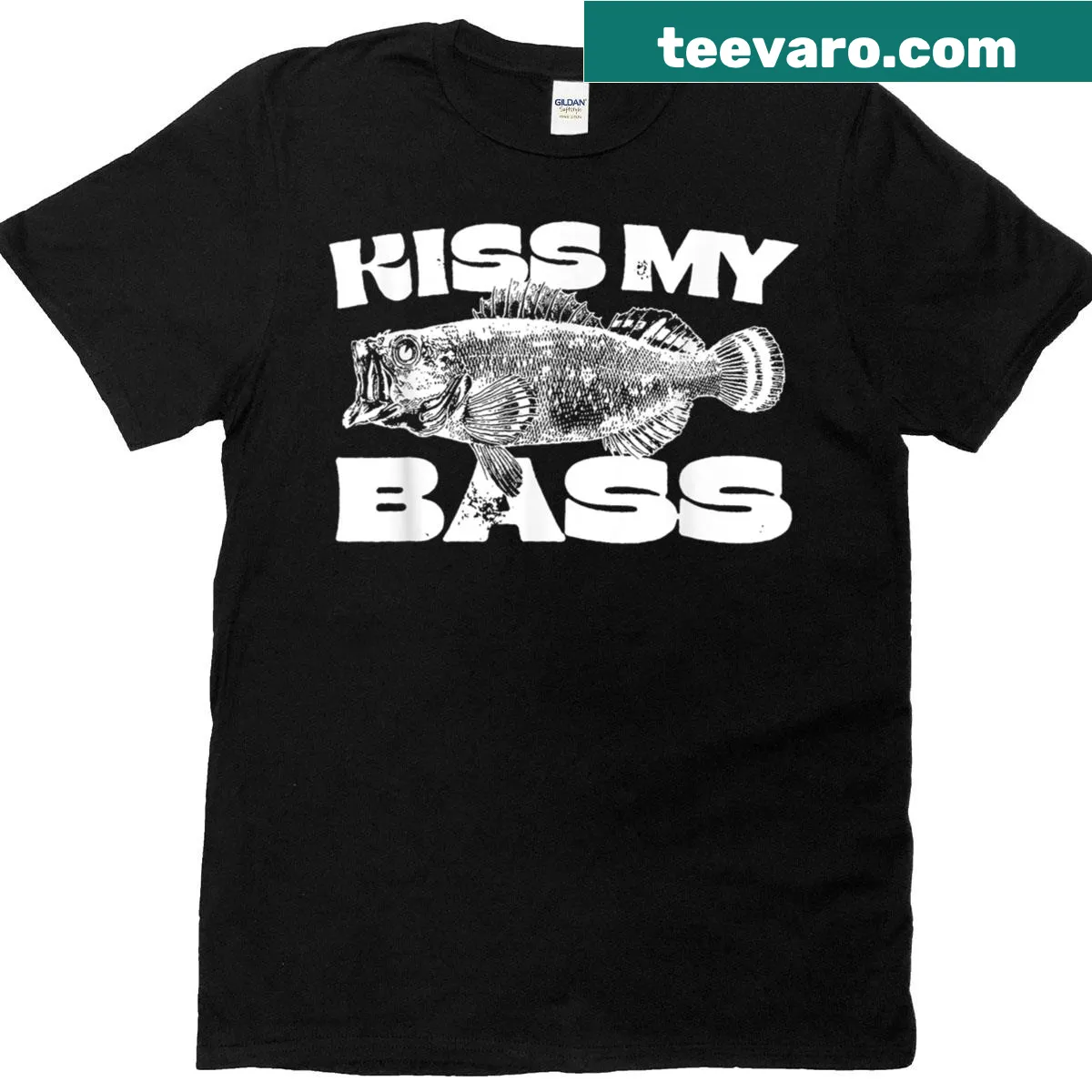Funny fishing T-shirt with 'Kiss My-bass' text — on a men's t-shirt