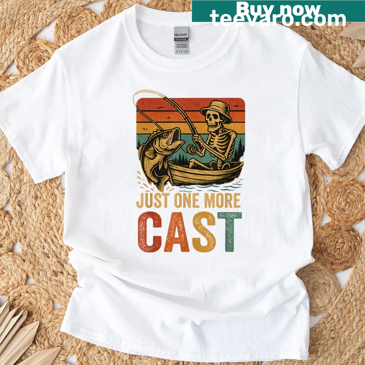 Funny vintage skeleton fisherman t-shirt with bass fish illustration — on a men's t-shirt