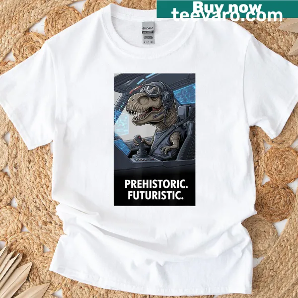 Funny t-shirt featuring a cartoon dinosaur piloting a spaceship in space