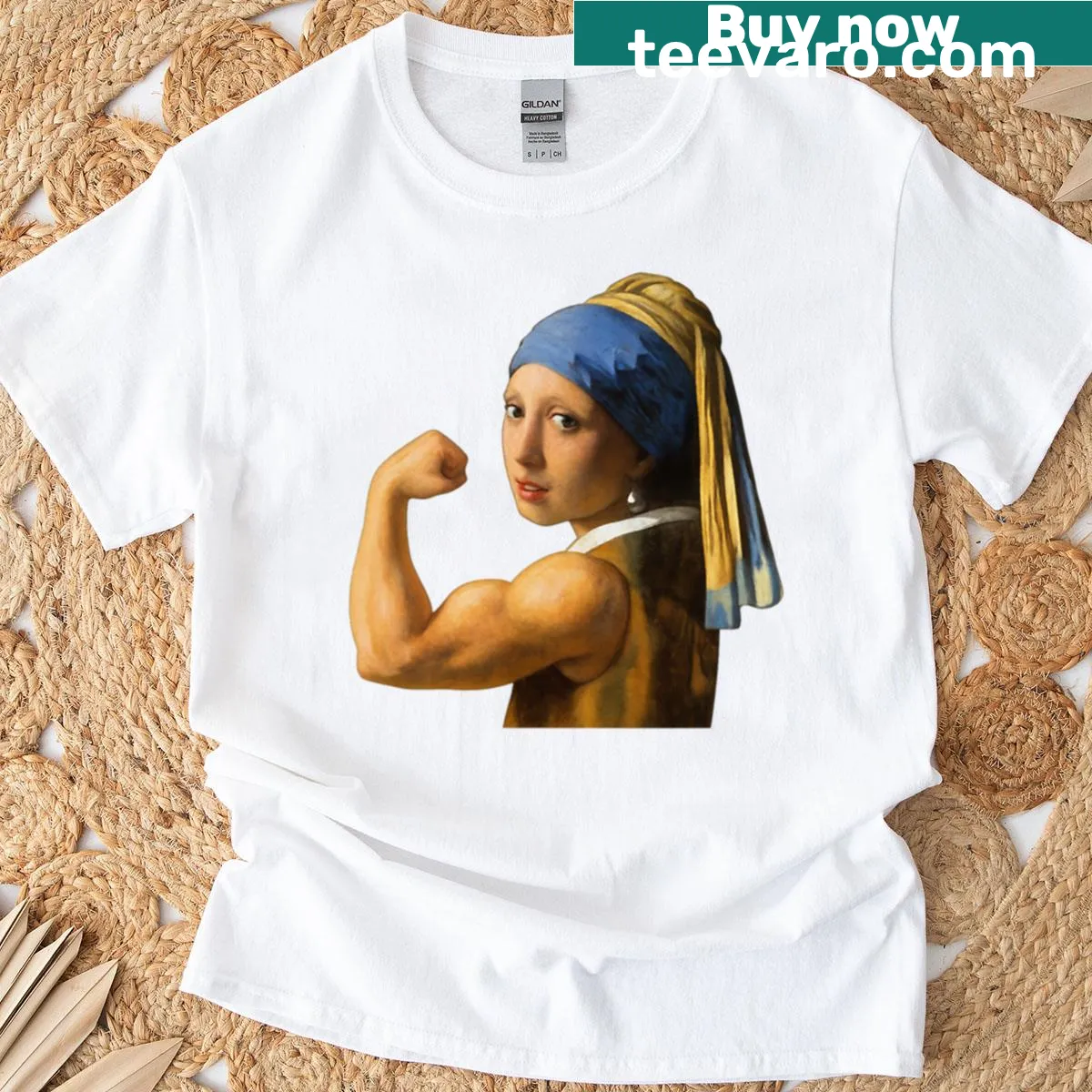 Parody gym art inspired by Girl With A Pearl Earring on a t-shirt — on a men's t-shirt
