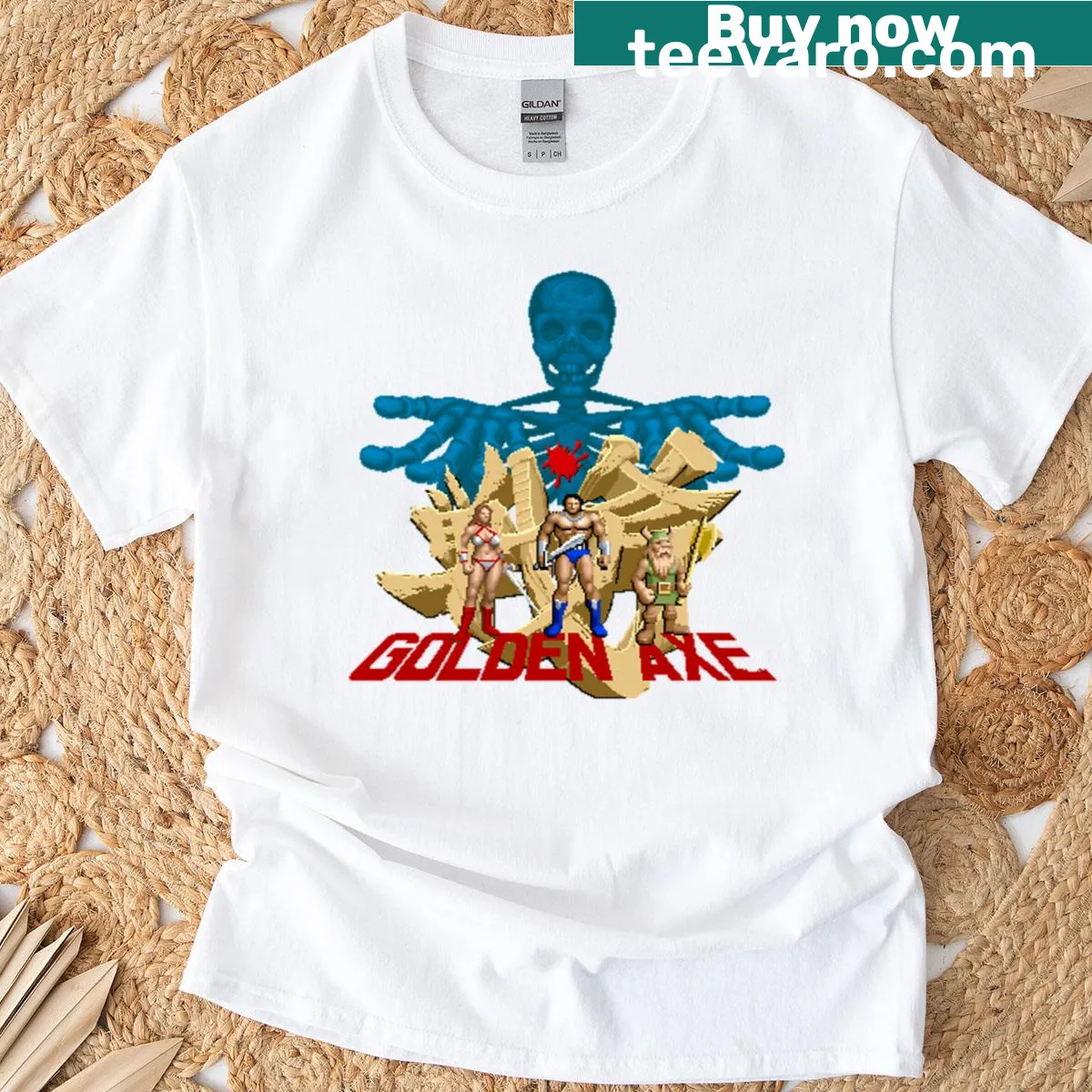 Golden Axe retro gaming t-shirt design — on a men's t-shirt