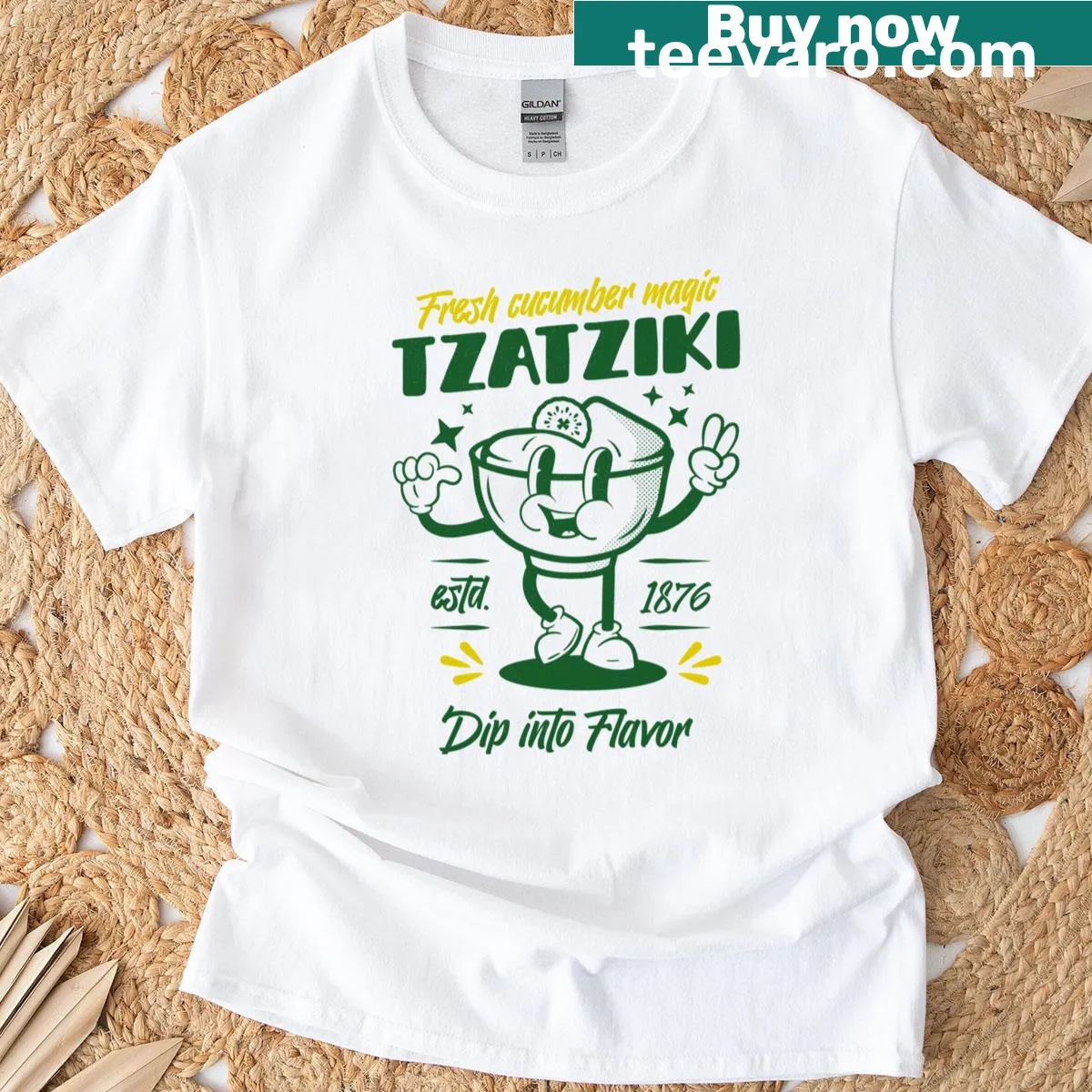 Retro T-shirt with tzatziki mascot graphic, celebrating Greek cuisine — on a men's t-shirt