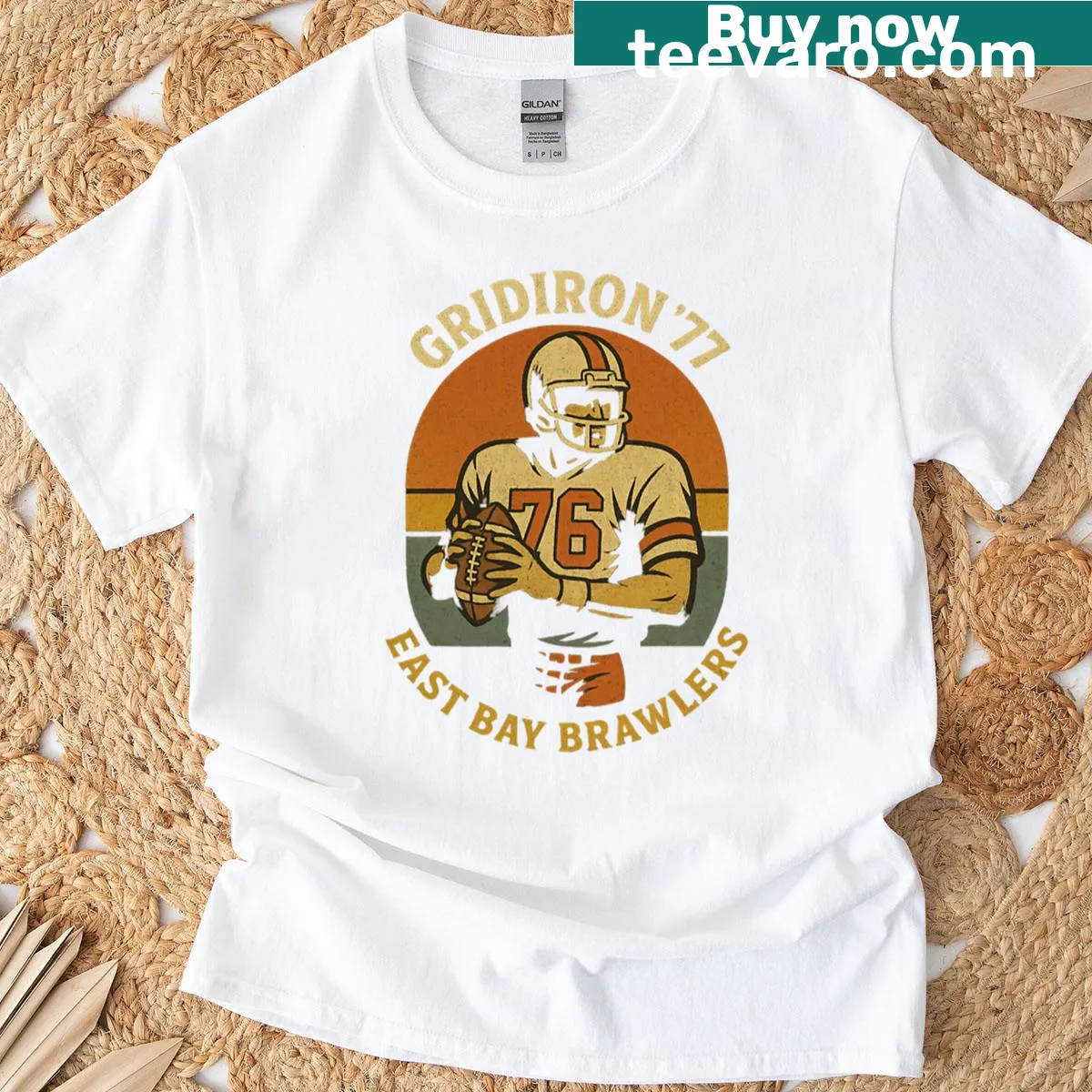 Vintage design Gridiron 77 East Bay Brawlers football T-shirt — on a men's t-shirt