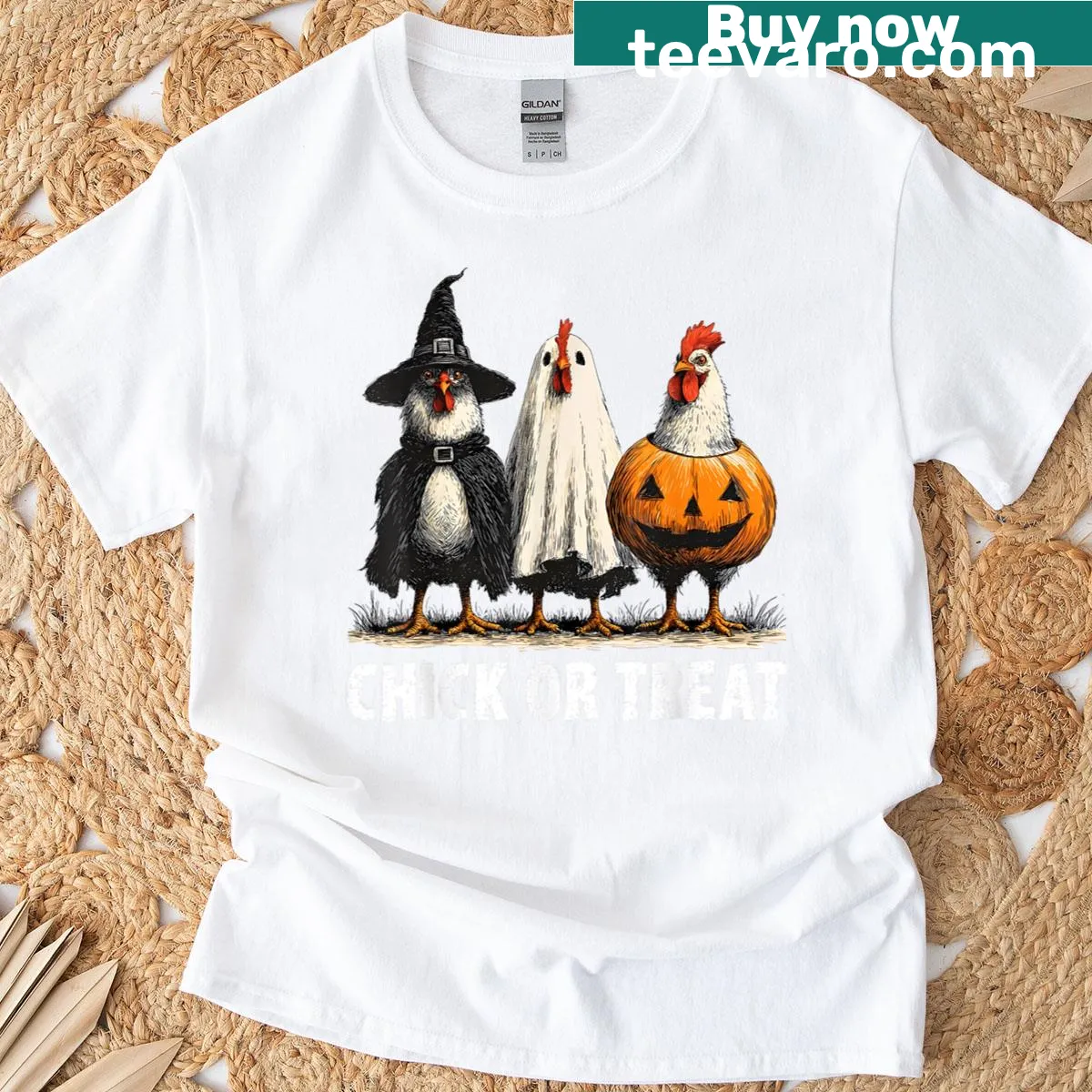 Cartoon chicken ghosts and witches in Halloween theme — on a men's t-shirt