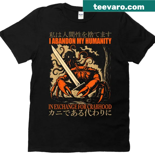 Japanese art style T-shirt featuring a crab and humorous text