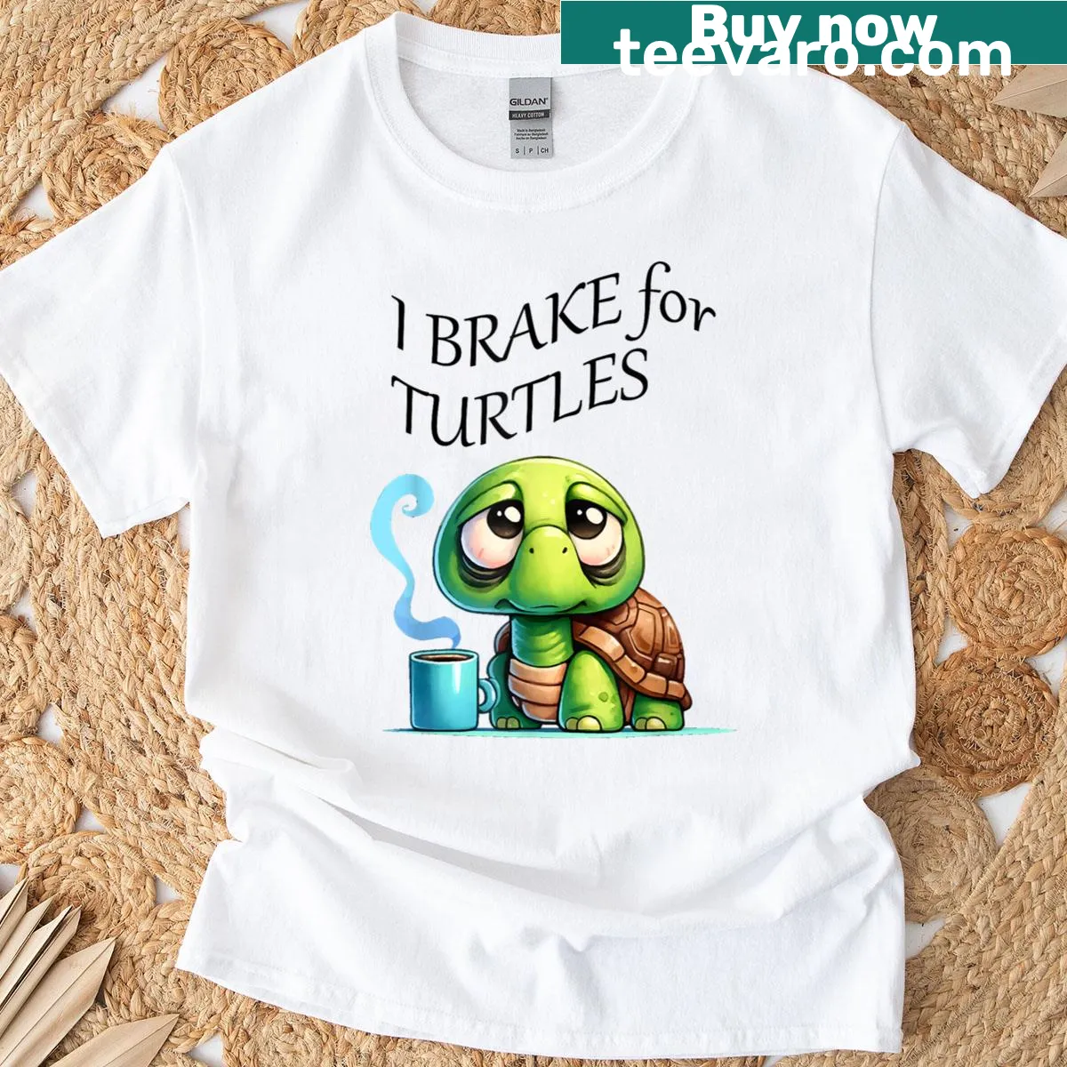 Funny t-shirt with text 'I Brake For Turtles' — on a men's t-shirt
