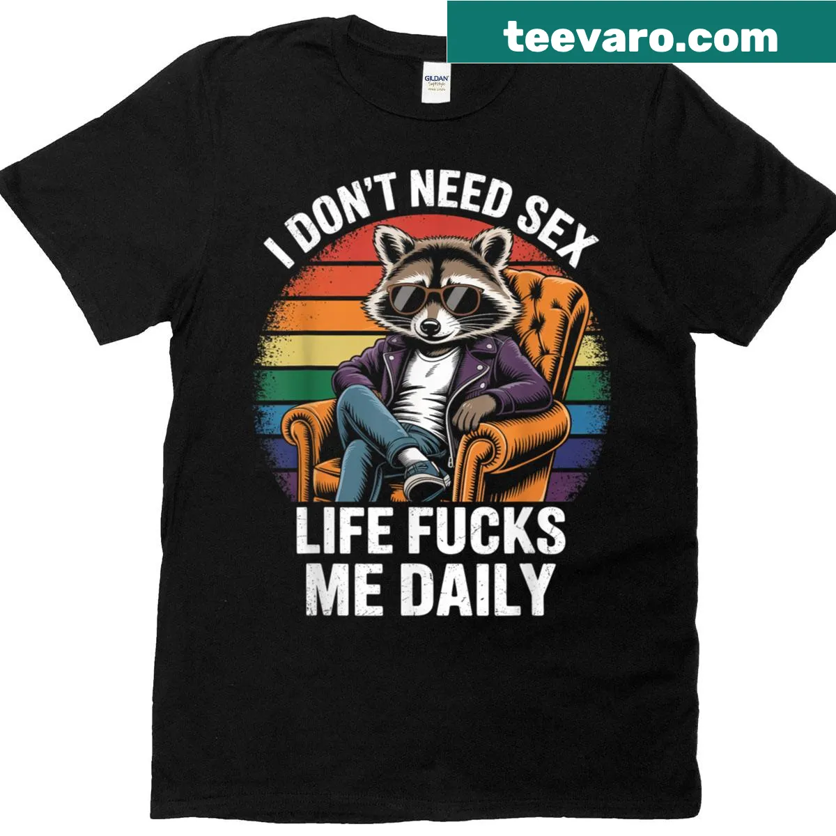 Sarcastic T-shirt featuring a funny raccoon graphic about life's challenges — on a men's t-shirt