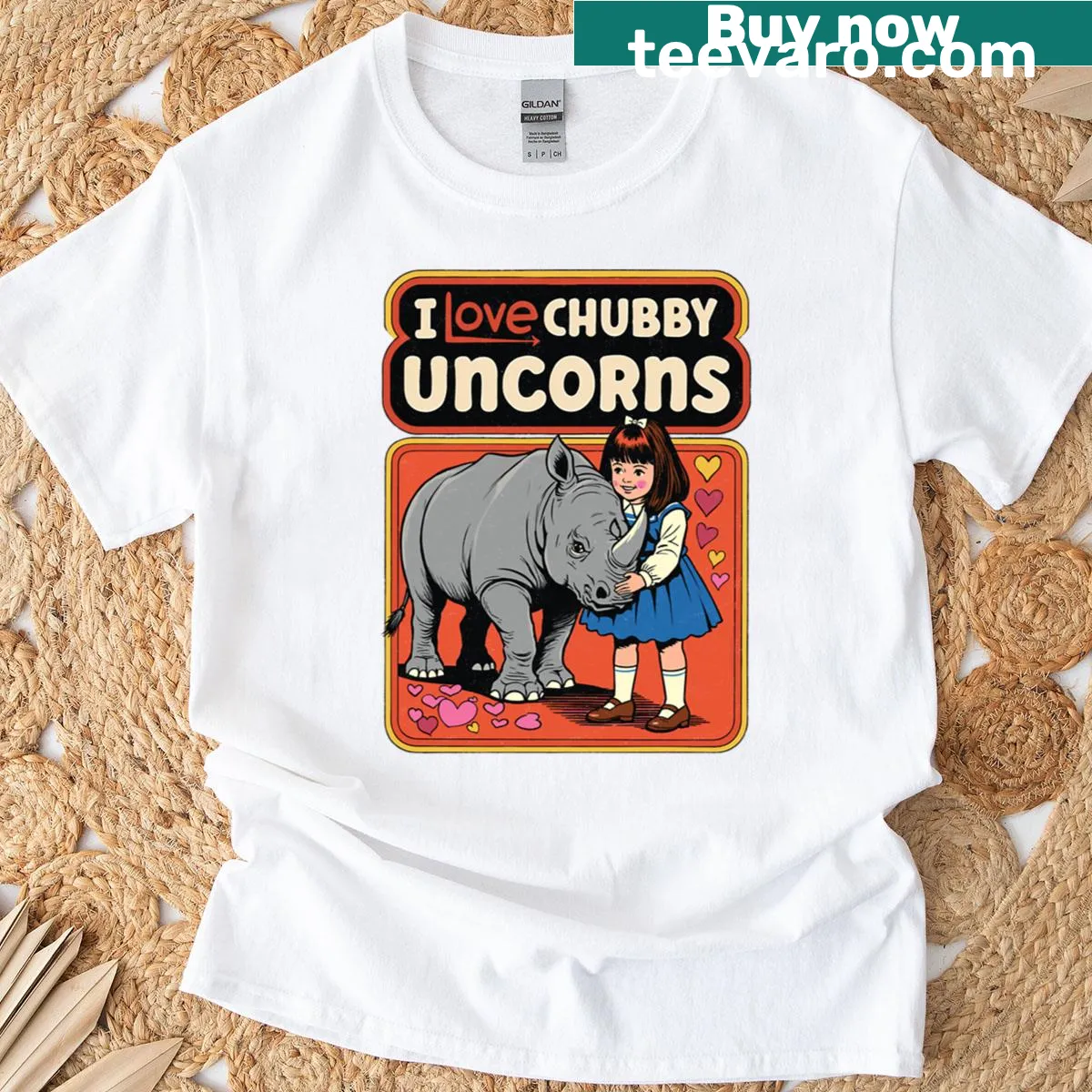 Funny T-shirt featuring a chubby unicorn and rhino design — on a men's t-shirt