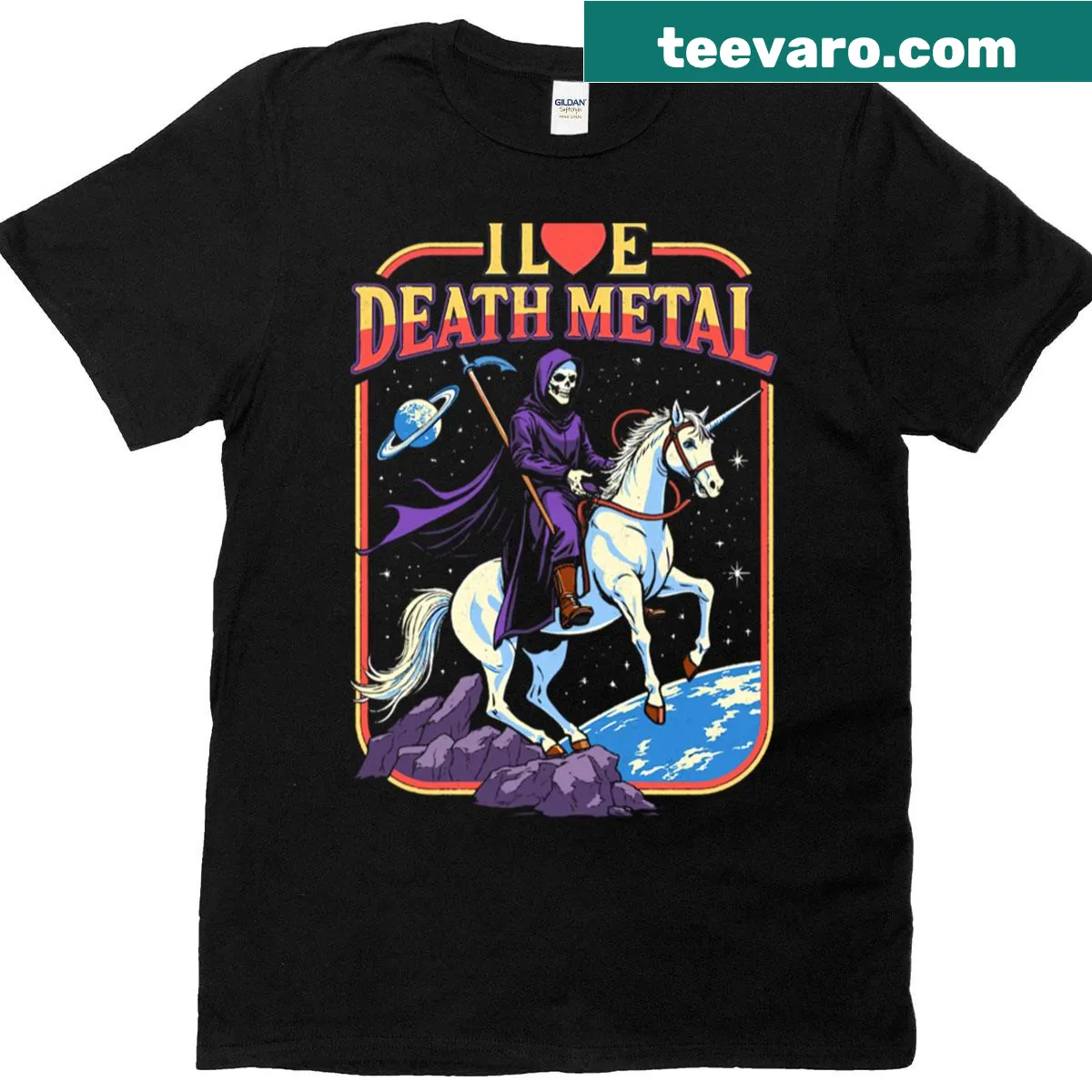 Funny grim reaper riding a unicorn design on a t-shirt — on a men's t-shirt
