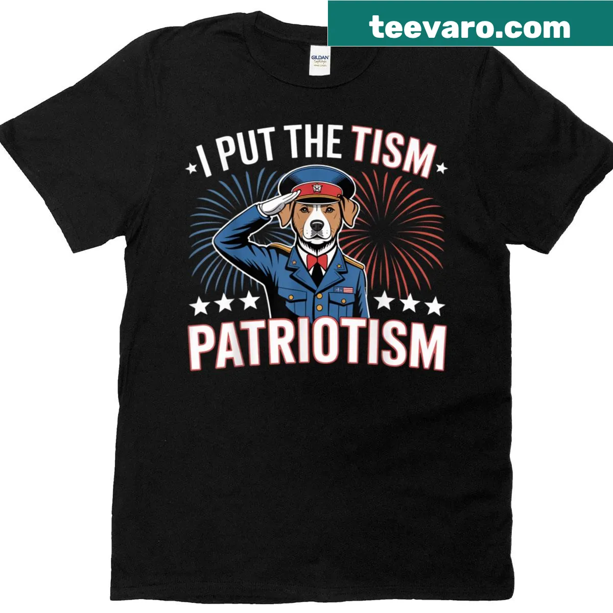 T-shirt featuring a humorous phrase about patriotism with fireworks — on a men's t-shirt