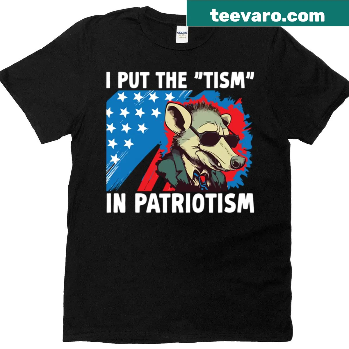Playful t-shirt featuring an opossum and USA flag with humorous text — on a men's t-shirt