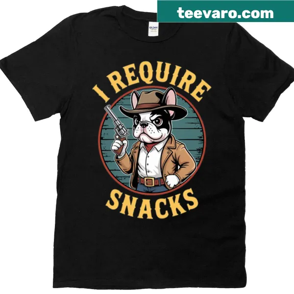 Vintage-style t-shirt with a French Bulldog and 'I Require Snacks' text