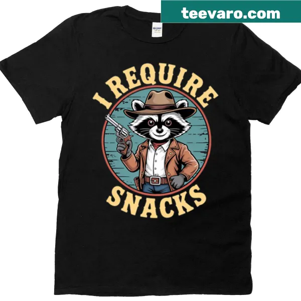 Funny T-shirt featuring a cartoon cowboy raccoon demanding snacks