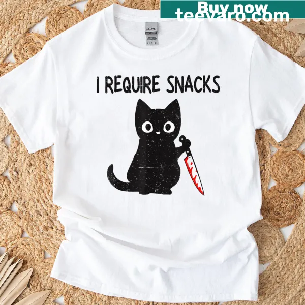 Funny t-shirt featuring a black cat and the text 'I Require Snacks'